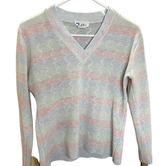 Vintage 90s Zio White Pink Crochet ZigZag Pastel Blouse Sweater Small Med Spring - Picture 1 of 5